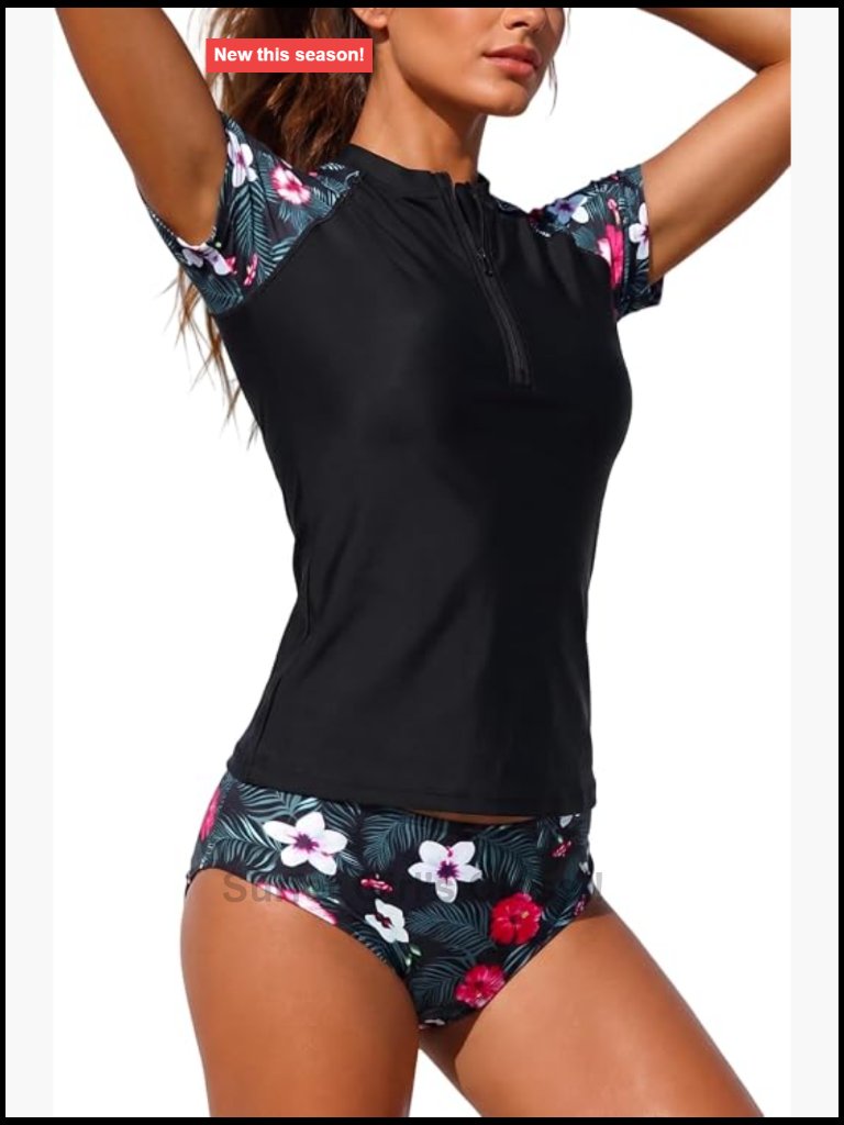 Upf 50+ Short Sleeve Rash Guard Zip Up Swimsuit With Built In Bra